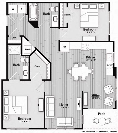 Floor plan for 2 beds, 2 baths, 1202 sqft